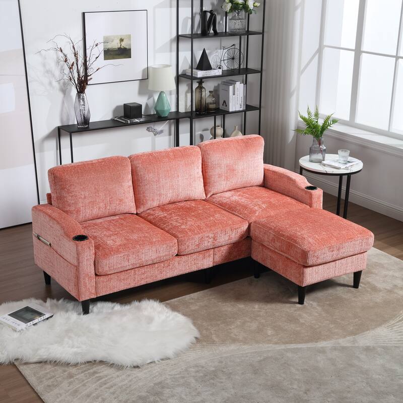 Modular Sectional Sofa with Storage Ottoman, Comfy Chenille Fabric Sofa, 3-Seater Sofa with Side Pockets & 2 Cup Holders
