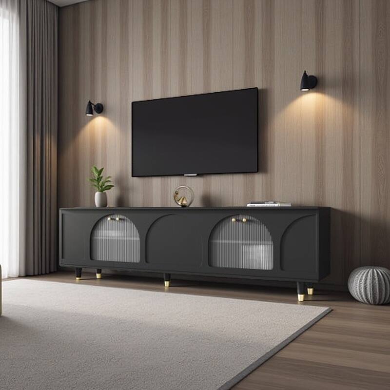 Modern TV Stand for TVs up to 78", Media Console with Adjustable Shelves, Gold Fluted Glass Doors & Handles, Cable Management - Black