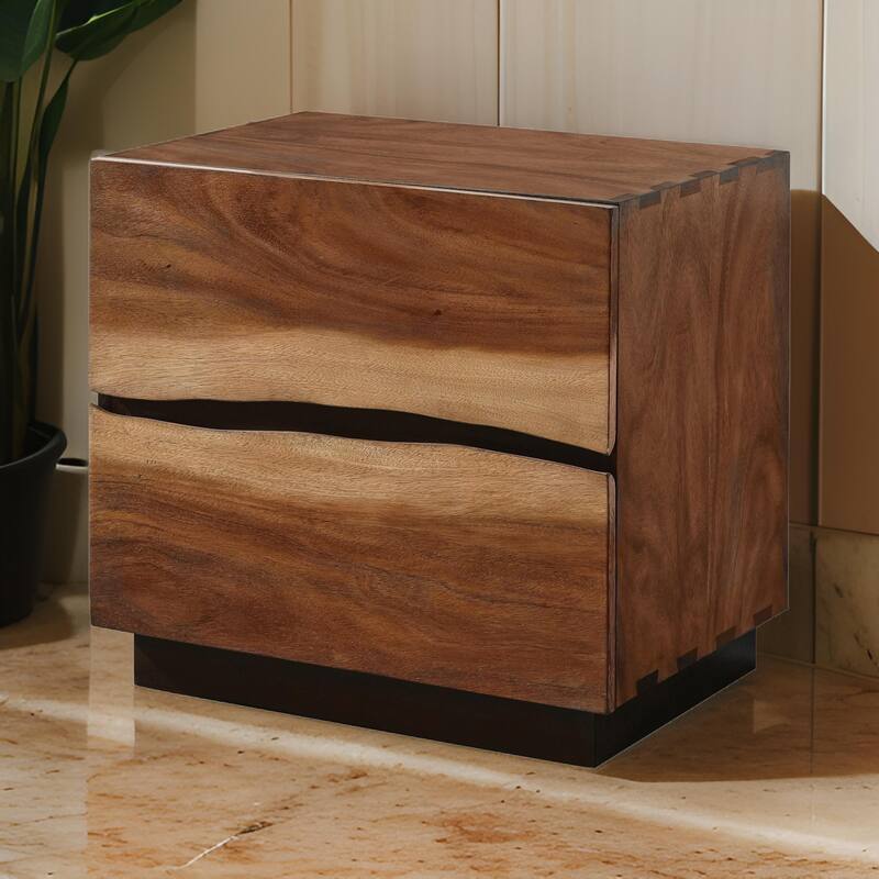 Nightstand with 2 Drawers and Live Edge Details, Brown