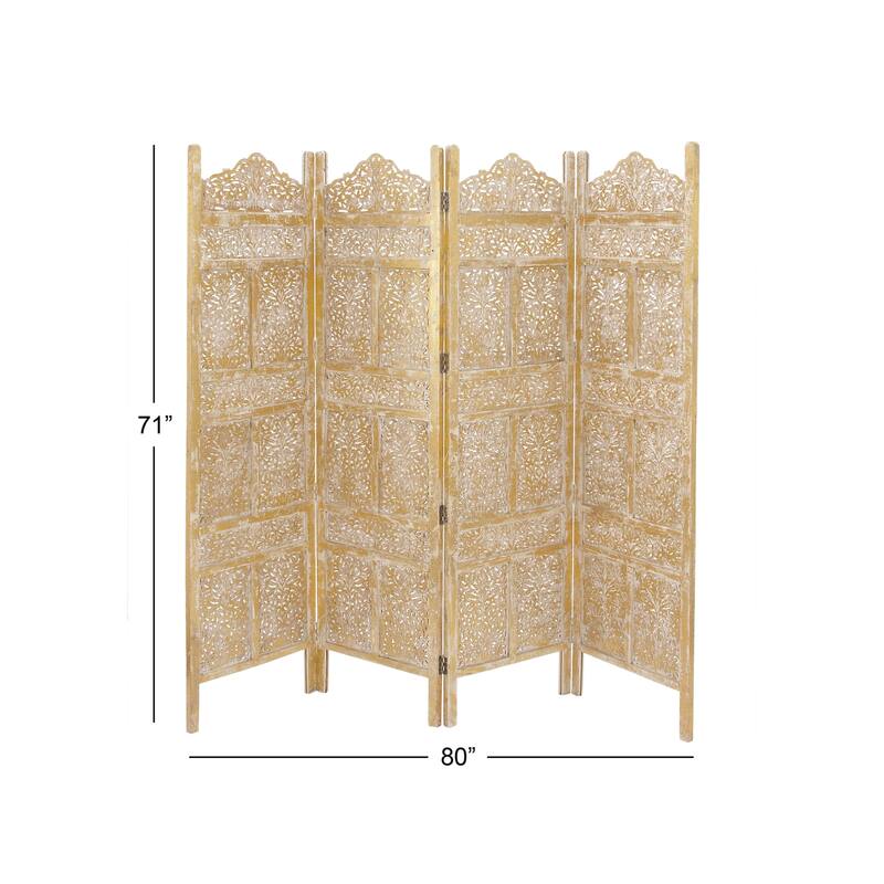 Gold Wooden Handmade Foldable Partition 4 Panel Floral Partition Room Divider Screen with Carved Designs