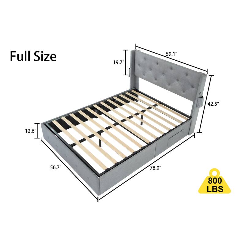 Full Size Bed Frame with Gas Lift Storage Bed with Modern Wingback Headboard, USB Ports