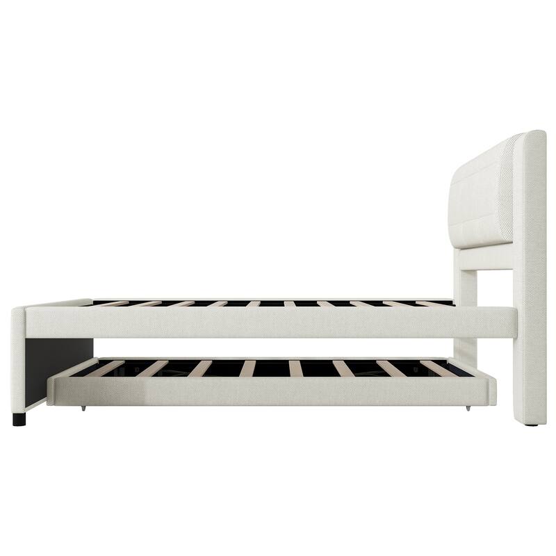 Full Size Upholstered Platform Bed with Trundle Bed/Flat or Erected, Linen Fabric Platform Bed Frame with Tufted Headboard