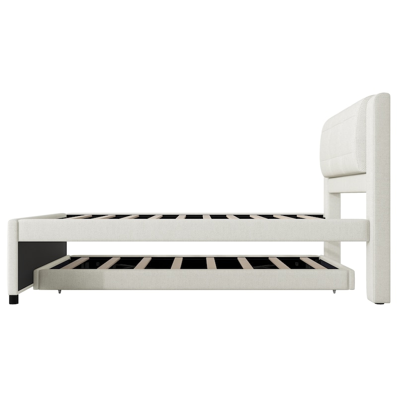 Roomfitters Full Size Upholstered Platform Bed with Convertible Trundle for Guest Space, Beige