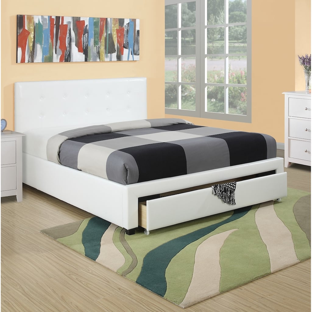 Queen Size White Upholstered Bed with Faux Leather Headboard and Under Bed Storage