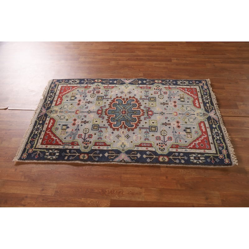 Grey Geometric Kazak Indian Rug Handmade Wool Carpet - 3'0"x 4'10"