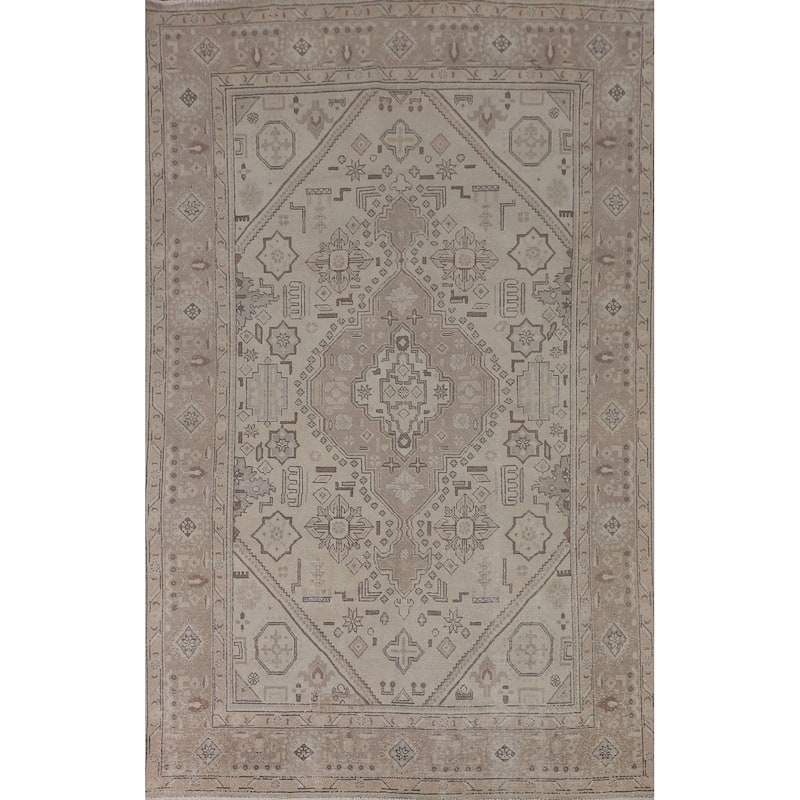 Beige Distressed Tabriz Persian Vintage Rug Handmade Wool Carpet - 6'4"x 9'8"
