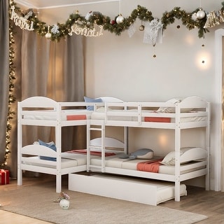 Twin L-Shaped Bunk bed with Trundle and Full-length Guardrail