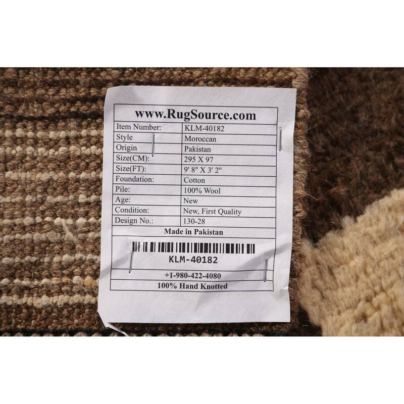 Checkered Moroccan Oriental Runner Rug Hand-Knotted Wool Carpet - 3'2" x 9'8"