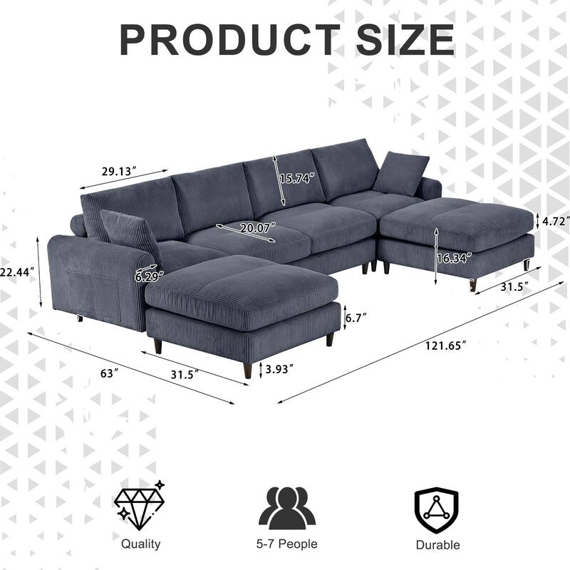 U-Shaped Modular Sectional Sofa with Ottoman, Oversized Corduroy Convertible Sofa, 6 Seater Sofa with Pillow & Storage Pockets