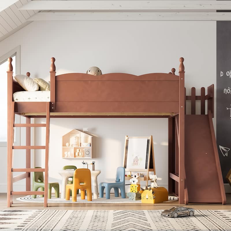 Queen Loft Bed with Storage Shelves and Wardrobe, Solid Wood Loft Beds with Detachable Slide and Ladders, No Spring Box Needed