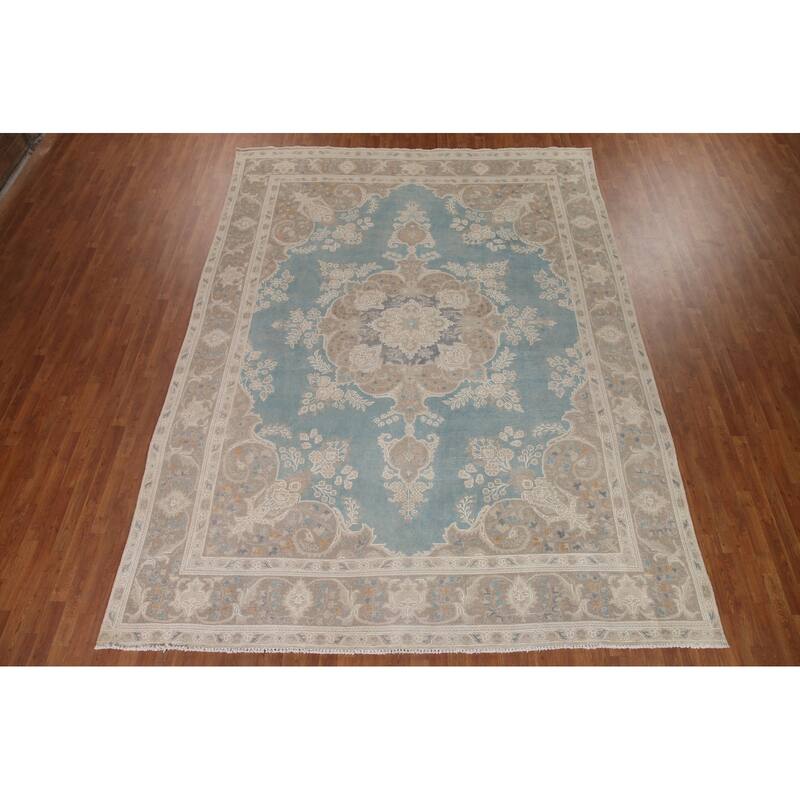 Hand Knotted Oriental 100% Wool Carpet Traditional Floral Navy Blue & Blues Tabriz Area Rug - 13' 0'' X 9' 8''