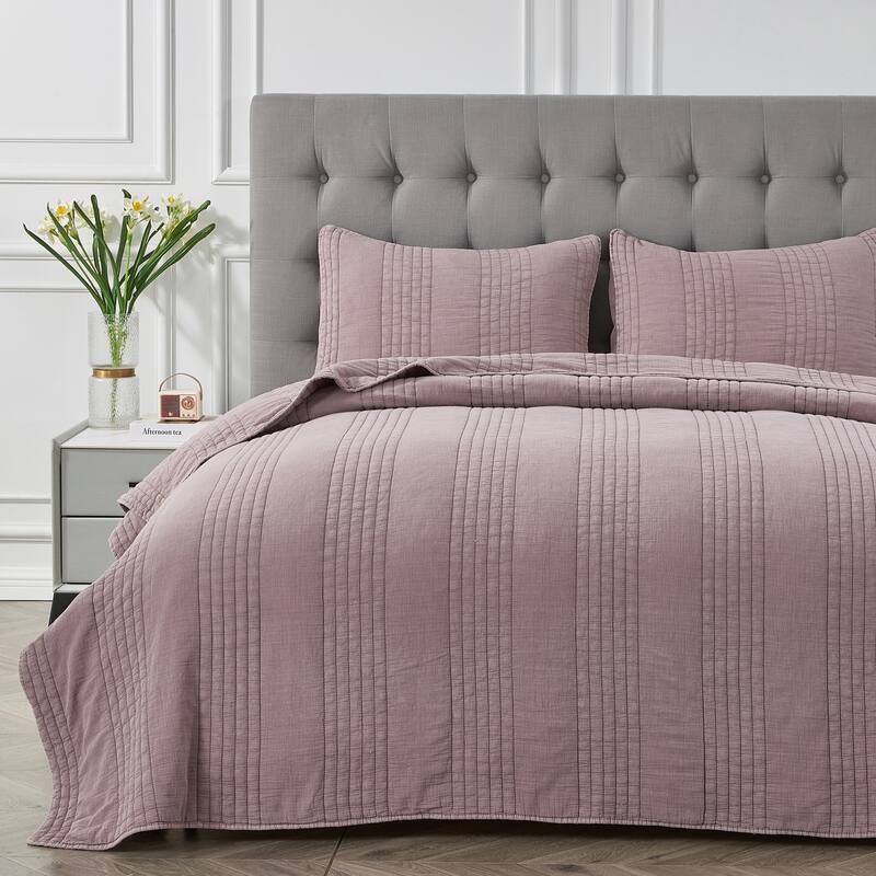 Stonewash Classic Cotton Quilt & Coverlet Set - Eggplant Purple - Full - Queen - 3 Piece