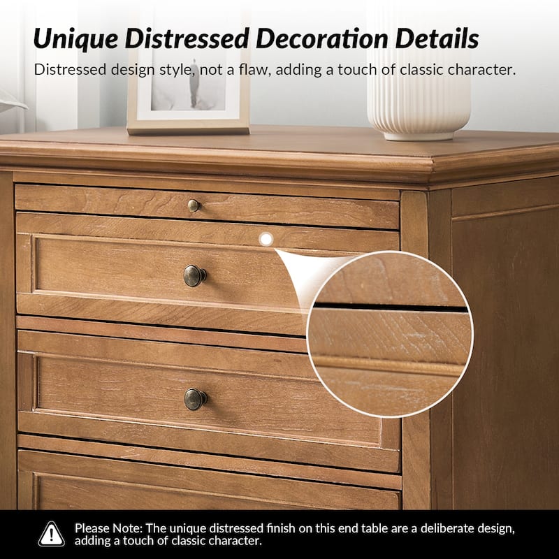 Muriel Farmhouse 3 Drawers End Table with Built-In Outlets by HULALA HOME