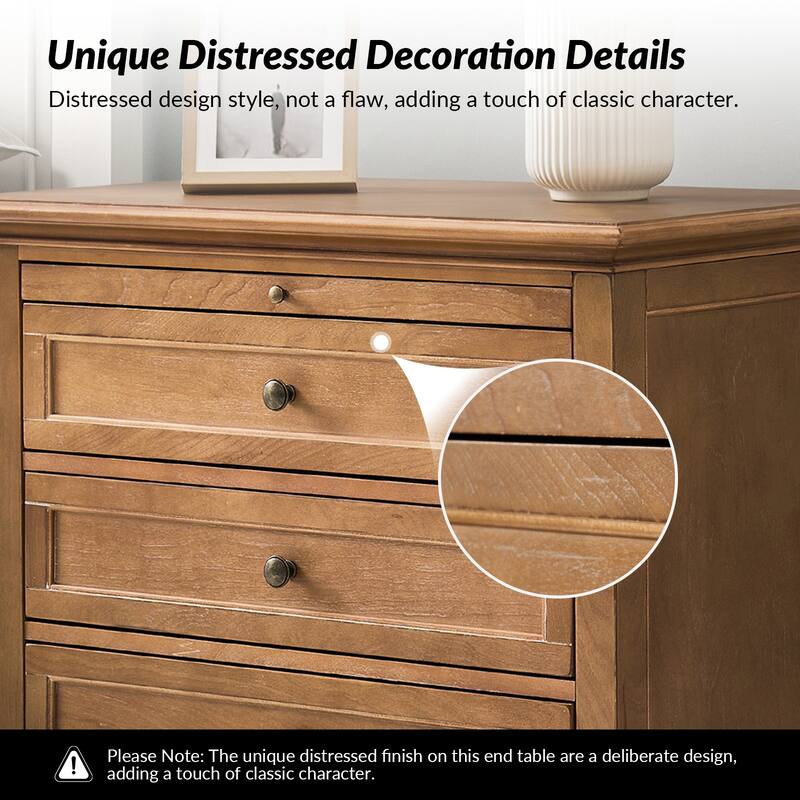 Muriel Farmhouse 3 Drawers End Table with Built-In Outlets nad Pull-out Shelf Set of 2 by HULALA HOME