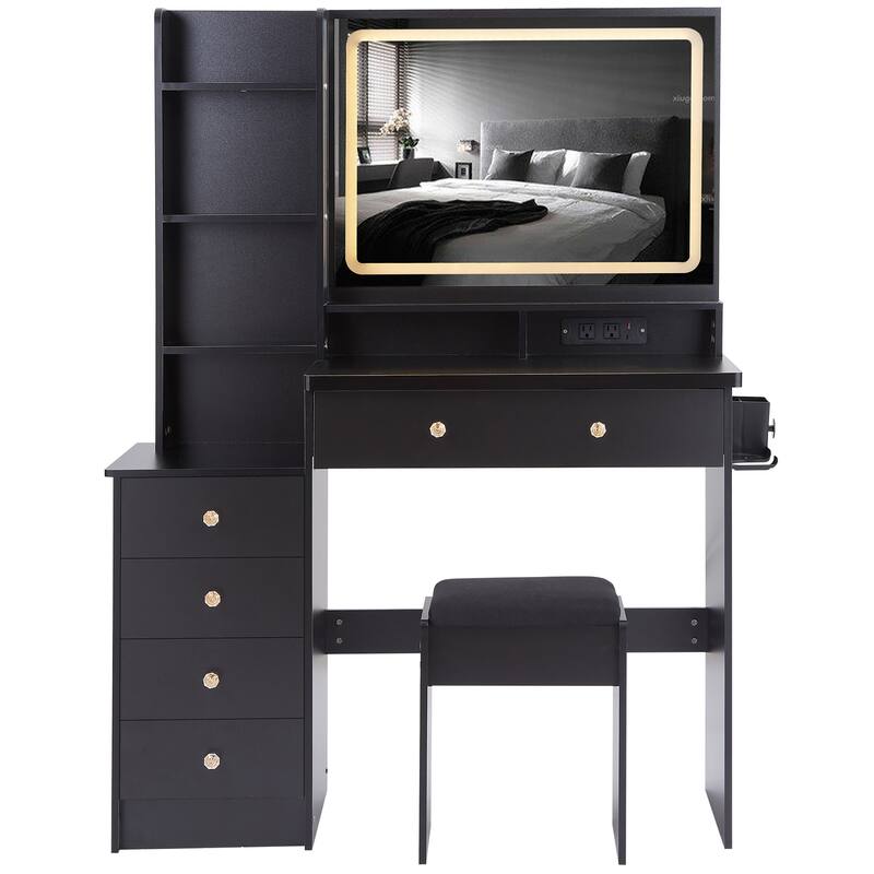 Vanity Desk with Touch Control LED Mirror, Makeup Table with Hair Dryer Stand, Vanity Table Set with Cushioned Stool