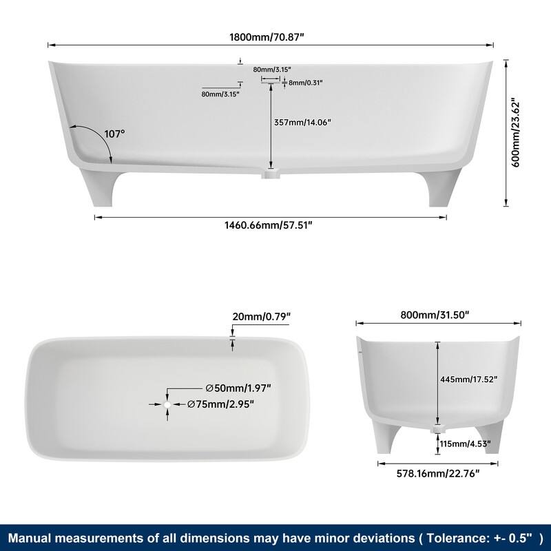 MEDUNJESS 71'' Freestanding Bathtub Solid Surface Soaking Tub