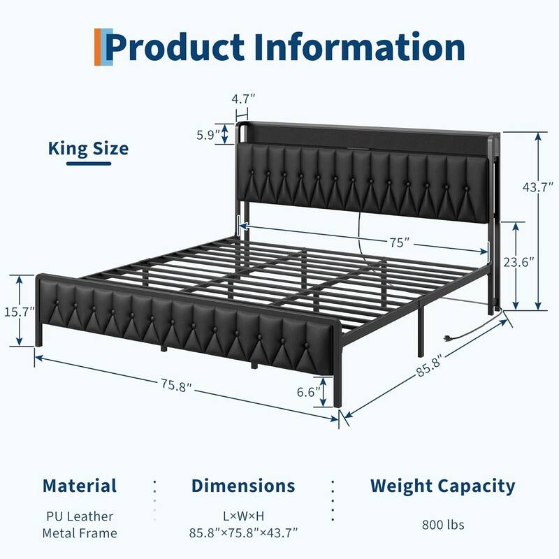 Upholstered Storage & Metal Frame Platform Bed with Charging Station, 3 Sizes