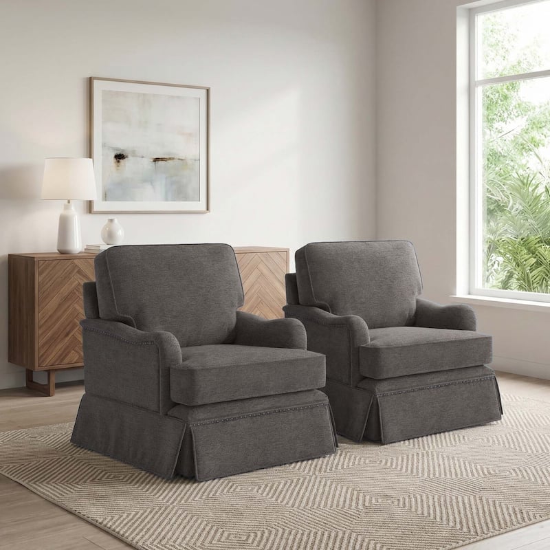 Set of 2 Chenille Swivel Accent Chair with Nailhead Trim Skirt