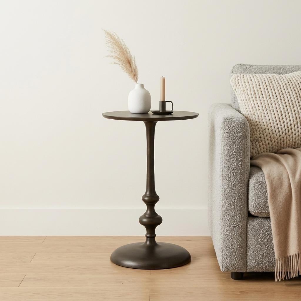 HomeRoots 18" Dark Burnished Bronze Aluminum Round Top Pedestal End Table - 11.75 in. x 18.00 in. x 11.75 in.