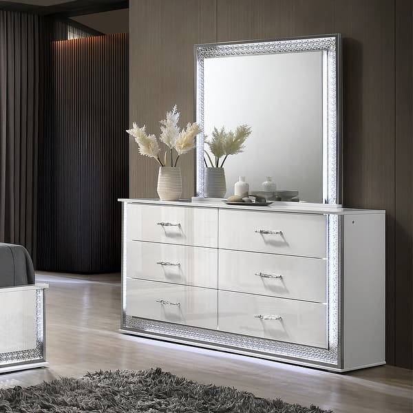 white and silver dresser set Sok Wide Dresser with LED Mirror | 6 Drawers
