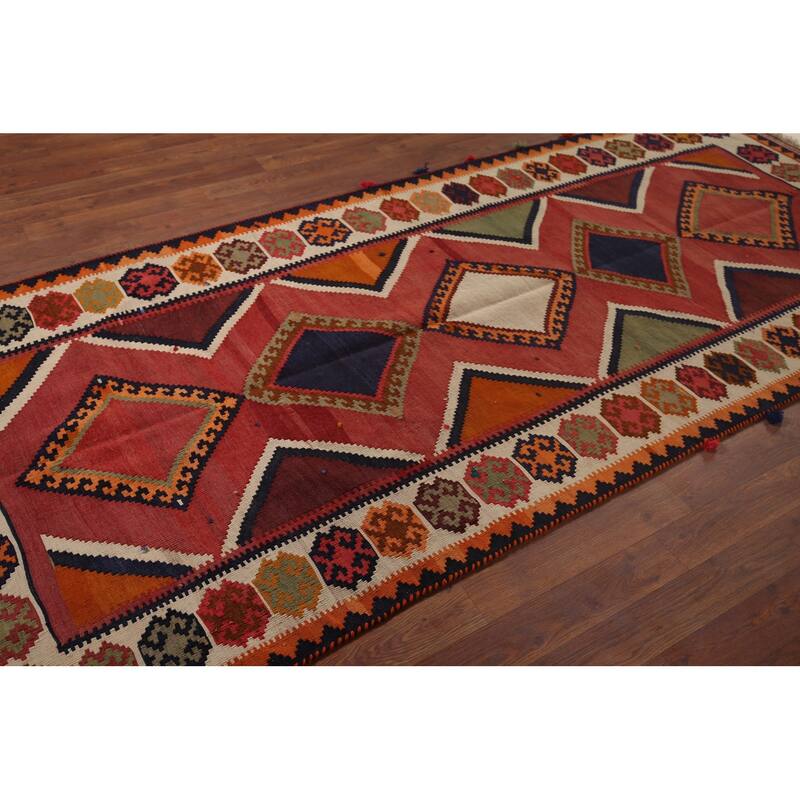 Vegetable Dye Red Kilim Qashqai Persian Antique Runner Wool Carpet - 3'9"x 8'6"