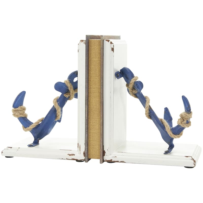 Wood Anchor Distressed Decorative Bookends with Rope Accents and White Wood Stands - Set of 2 Blue - Roche River Decor