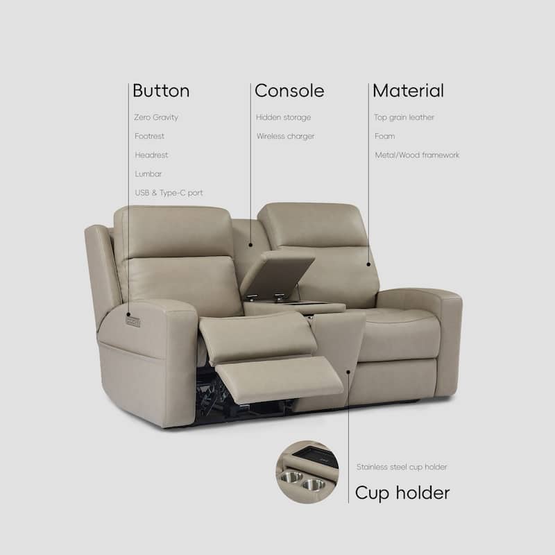 75''W Genuine Leather Triple-Power Loveseat with Wireless Charging & Pop-Out Cupholders
