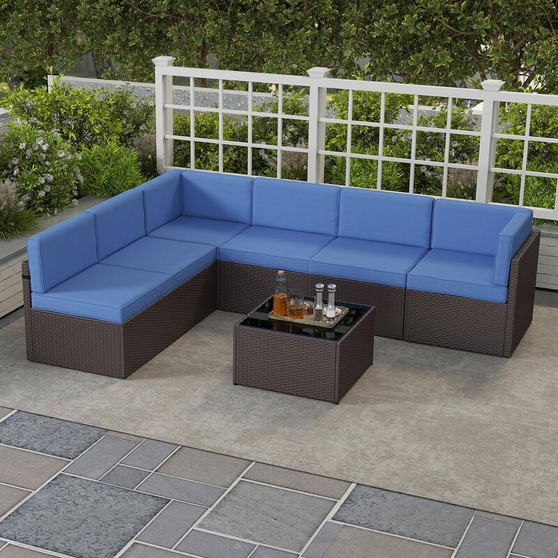7PC Outdoor Patio Furniture Set, Wicker Patio Sectional Furniture Set with Coffee Table & Cushion for Garden, Backyard, Poolside