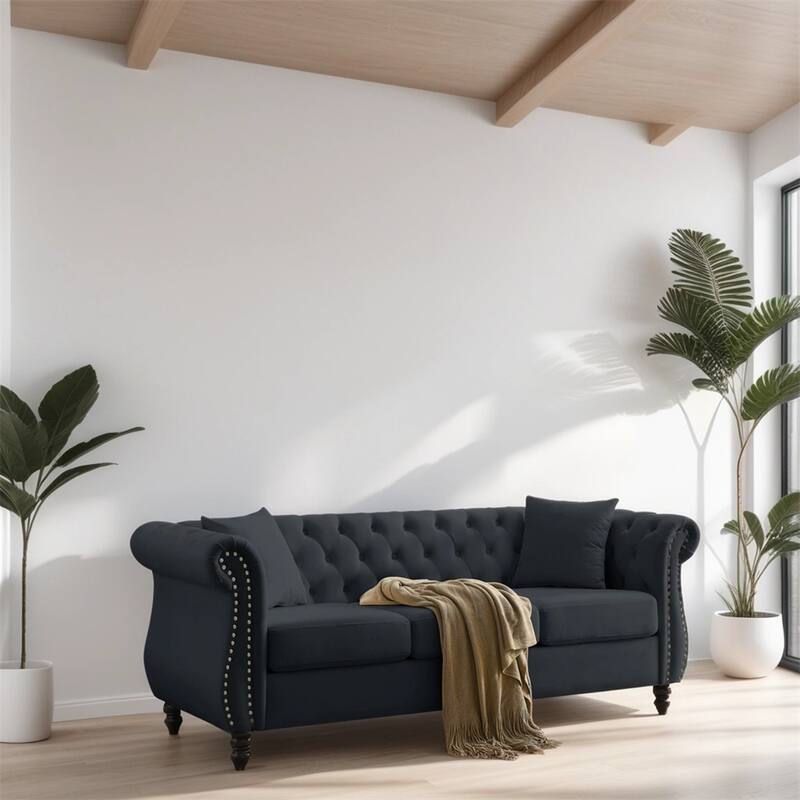 80" 3 Seater Velvet Sofa with Rolled Arms and Two Pillows