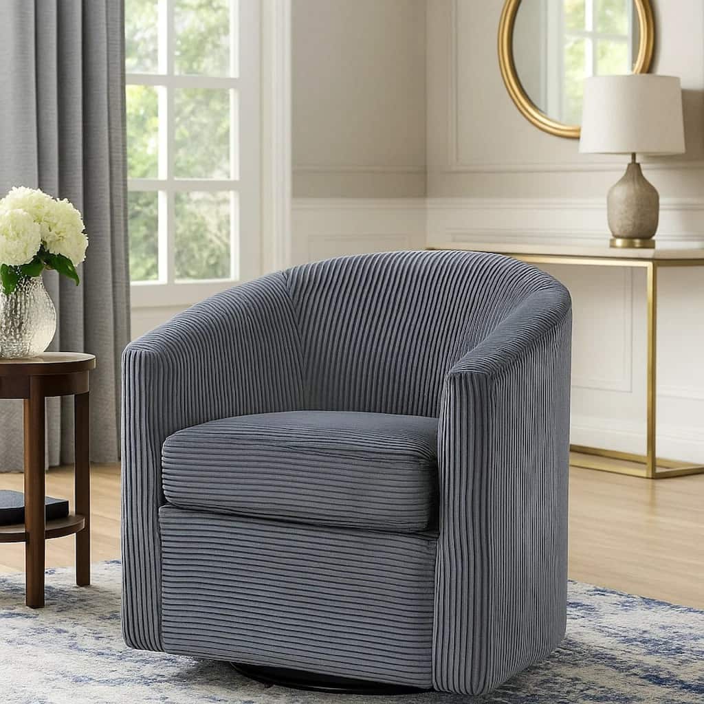 Celina Swivel Chair with Barrel Style Curved Back, Dark Gray Corduroy