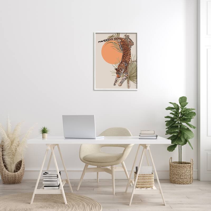 Stupell Jungle Cat Leopard Pounce Orange Sun Palm Leaf Framed Wall Art
