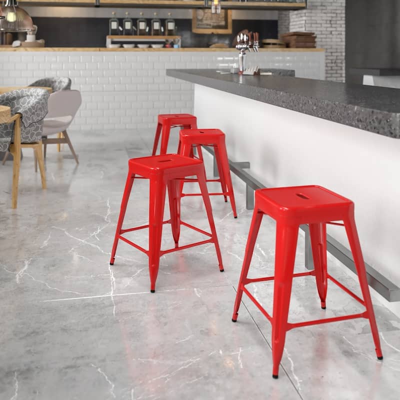 24" High Backless Metal Indoor-Outdoor Counter Height Stool w/Square Seat