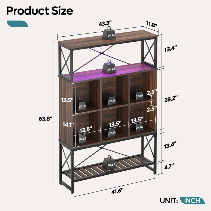 5-Shelf Bookcase with LED 6 Cubes Bookshelf with Adjustable shelves - 63 x 43 inches