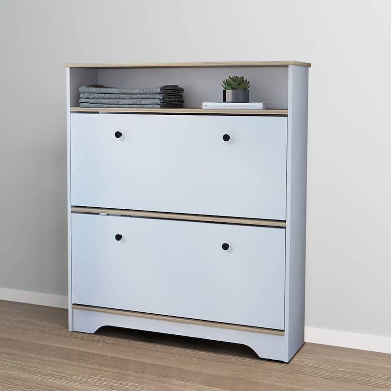 Wooden Shoe Storage Cabinet with 2 Flip Drawers and a Top Shelf - White + Light Oak