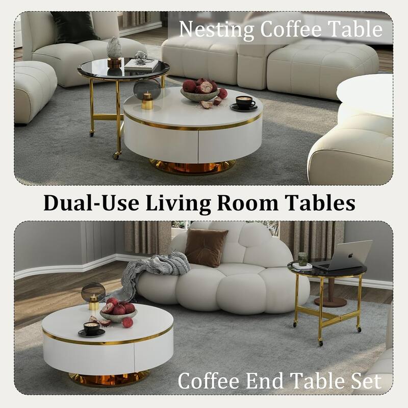 Nesting Coffee Table Set with End Table Round Coffee Table with 2 Storage Drawers