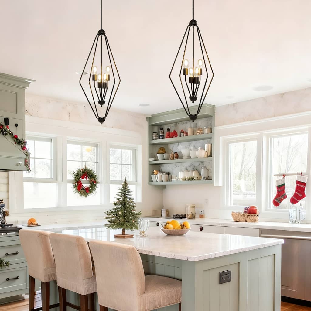 Modern Black 4-Light Geometric Chandelier Lantern Kitchen Island Light - D 18.1" x H 35.4"