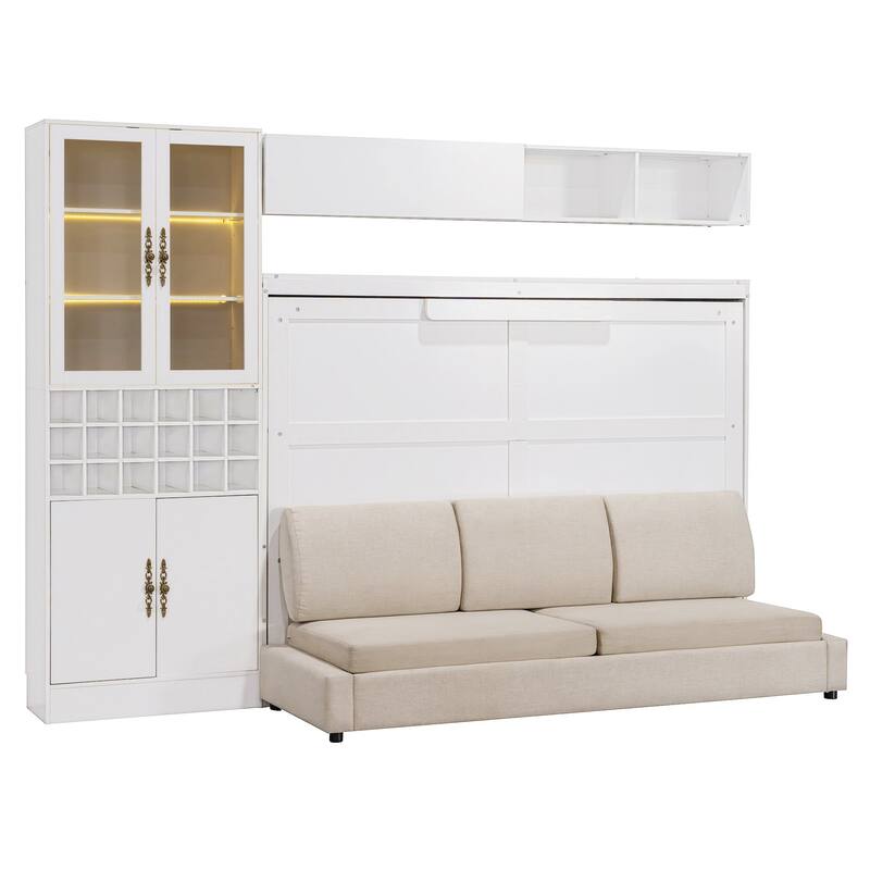 Queen/Full Size Murphy Bed Wall Bed with Sofa, Shelves, USB & Light