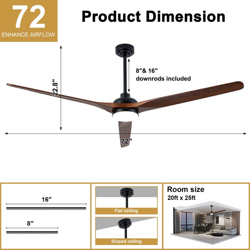 Cusp Barn 72" Outdoor/Indoor Large Black Ceiling Fan with Lights and Remote, Farmhouse Reversible DC Motor Wood Ceiling Fan