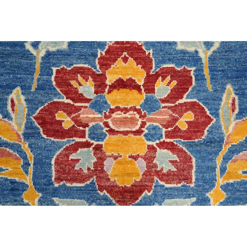 Hand Knotted Oriental 100% Wool Carpet Transitional Floral Navy Blue & Blues Oushak Runner Rug - 19' 5'' X 5' 0''