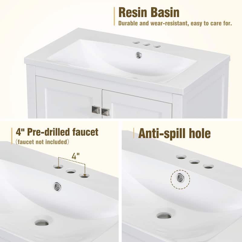 30" White Bathroom Vanity with Single Sink, 2 Doors, and Drawer