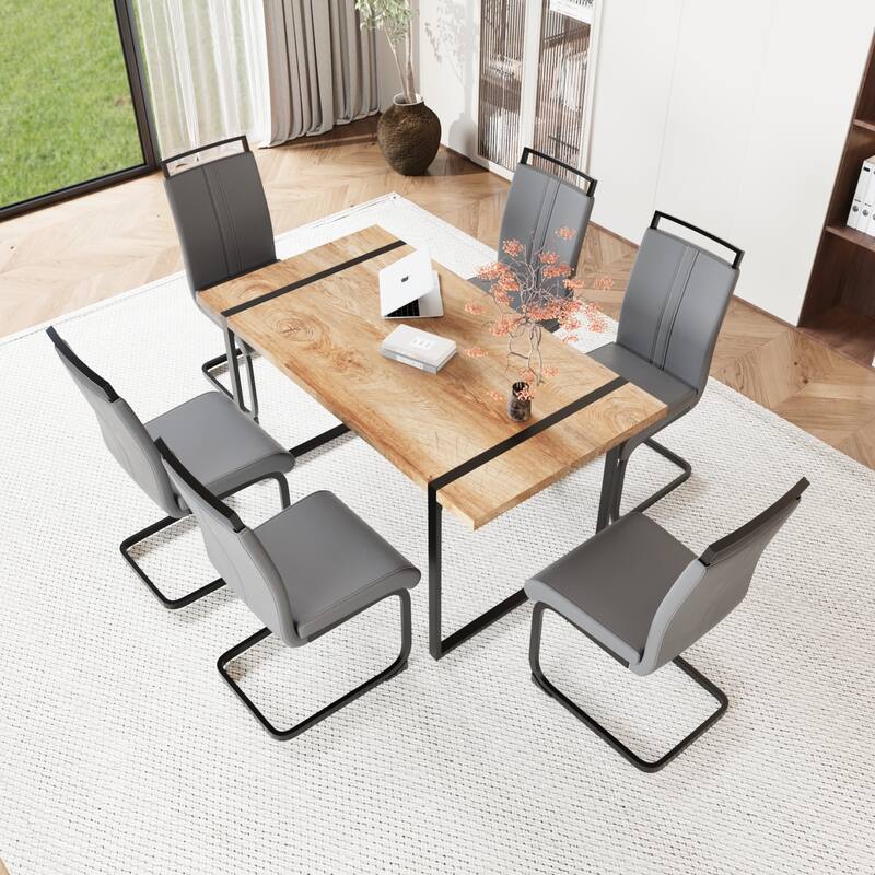 7-Piece Dining Table Set with Wood Grain Tabletop, Chair with C-shaped Bases, Ergonomically Curved Backrest - Wood+Light Grey