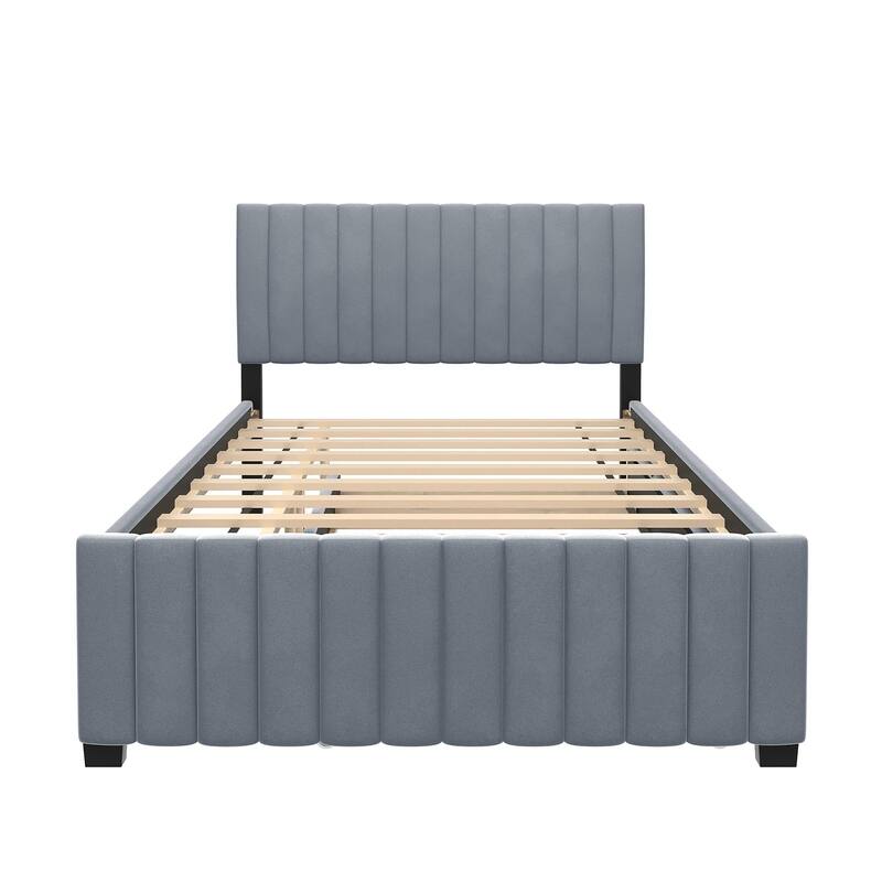 Full Size Platform Bed Stylish Velvet Upholstered Bed Frame with Headboard and Footboard & Pull Out Twin Size Trundle