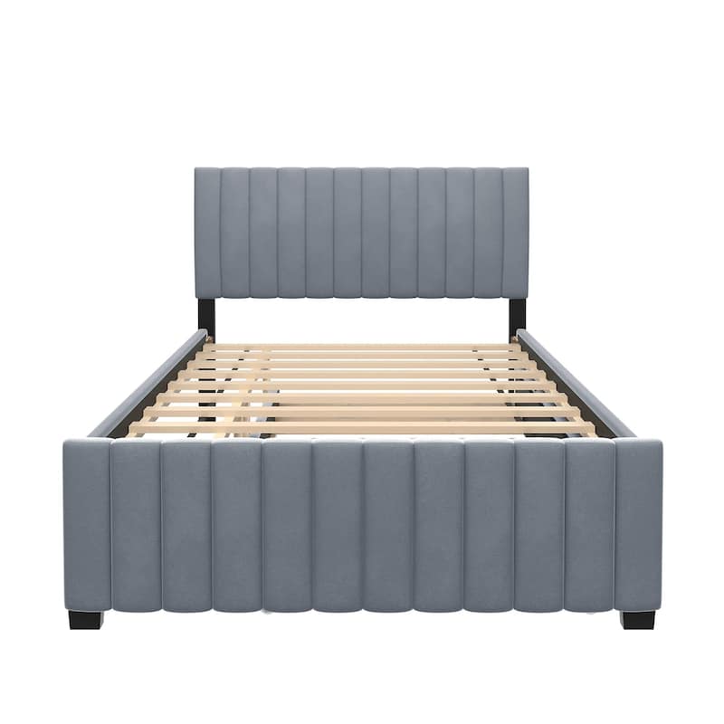 Velvet Upholstered Full Platform Bed with Twin Trundle in Gray/Beige/Pink
