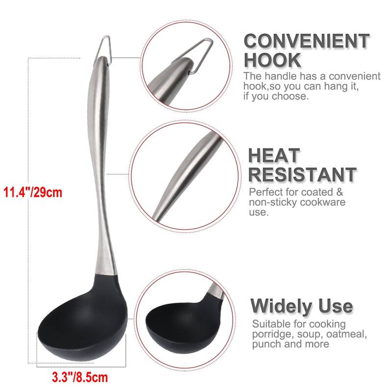 Silicone Soup Ladle Spoon Stainless Steel Handle Cookware Utensil - 11.4" x 3.3"(L*W)
