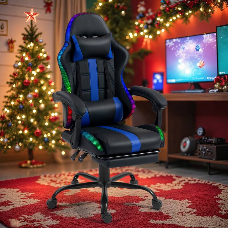 EROMMY RGB LED Gaming Chair with Thickened Massage Lumbar Pillow & Upgraded Footrest, Reclining Ergonomic Chair