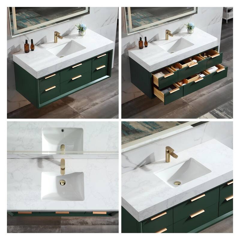 36/48/60 Modern LED Floating Bathroom Vanity with Single/Double Sink & Soft-Close Drawers & Waterproof, Green