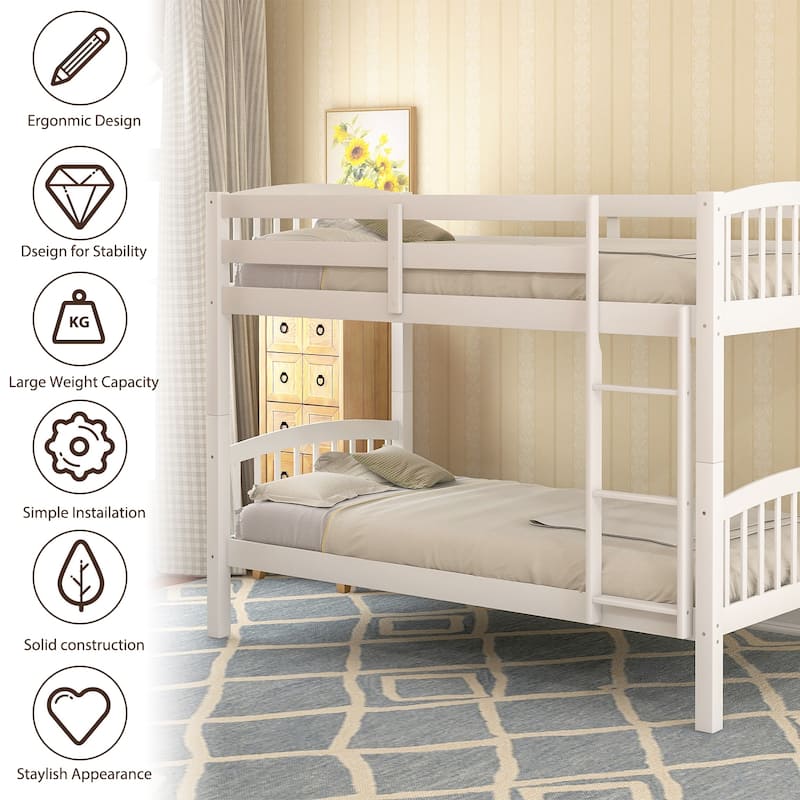 White Twin over Twin Solid Wood Bunk Bed with Ladder and Fence