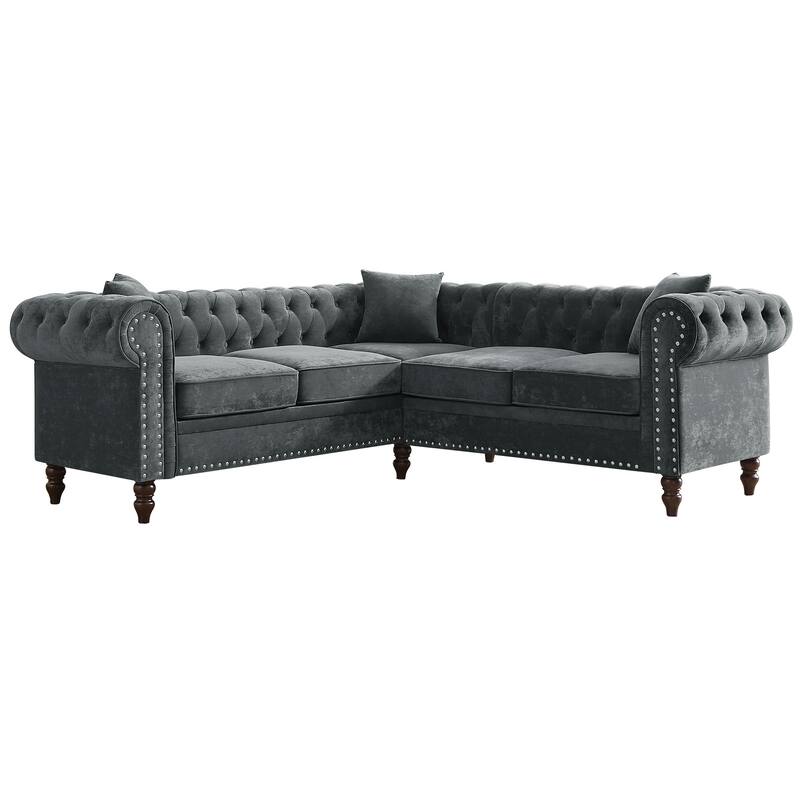 80" Velvet Chesterfield L-Shaped Sofa with Tufting & Rolled Arms