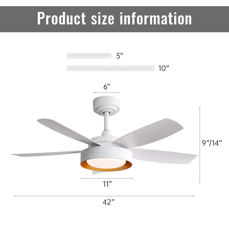 42" Ceiling Fans with LED Light 22W and Remote Control 6 Wind Speed - White