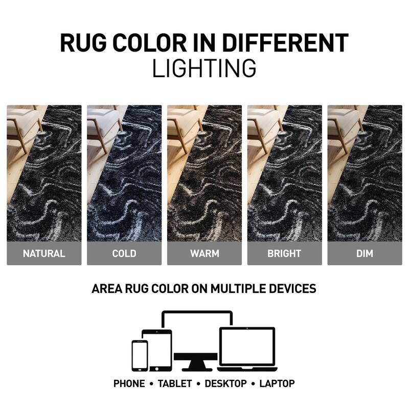 Abstract Marble Shag Rug - Anthracite Dark Gray - Plush Medium Pile, Durable with Jute Backing